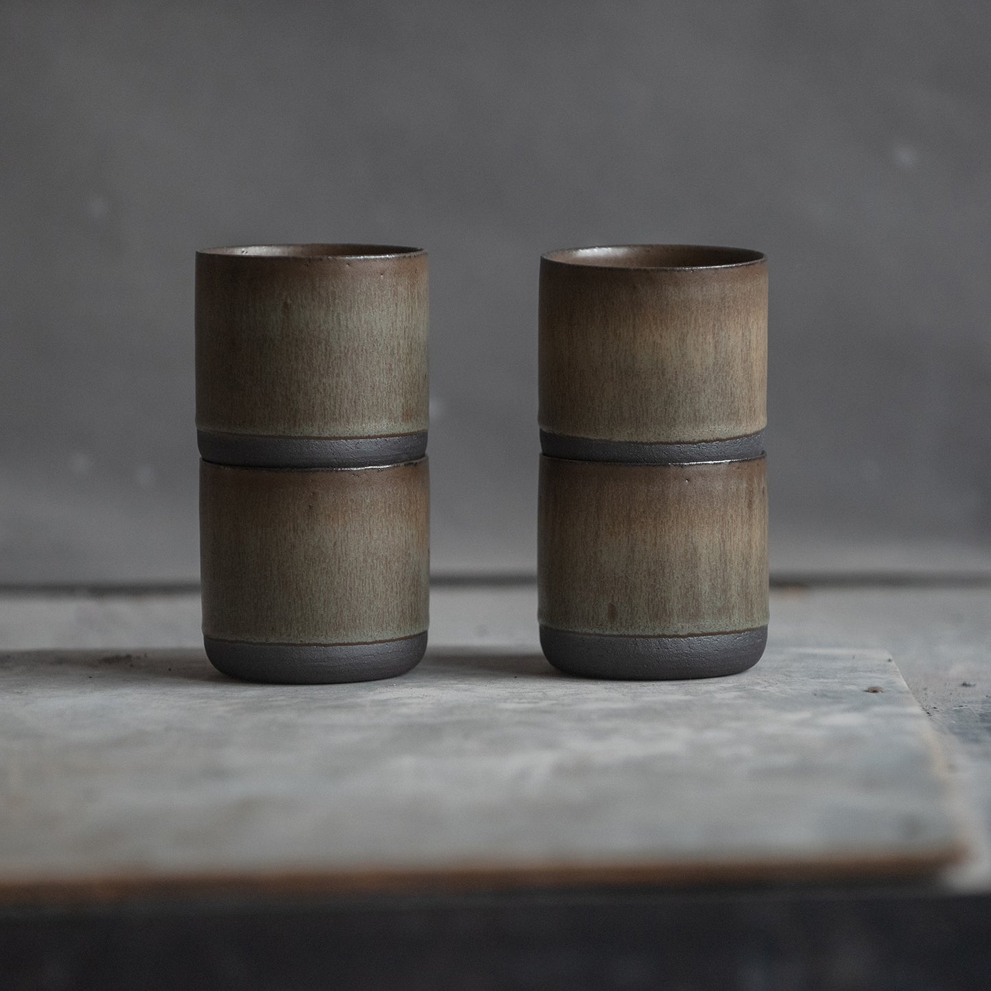READY FOR SHIPPING SET of TWO or MORE flat сoffee tumblers in warm beige or dark green with black bottom