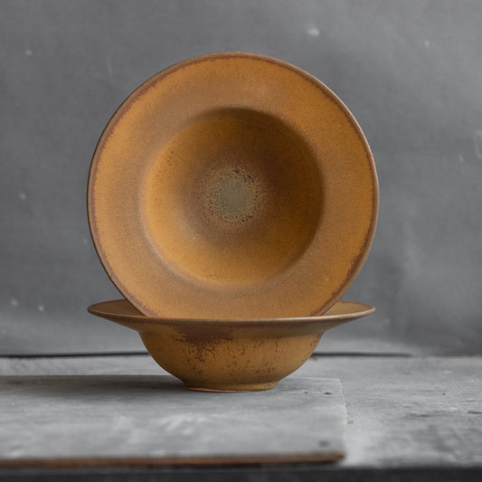 SET of 3 x wide-rim PASTA BOWLS for fine dining, restaurant, modern design, in Blue, Beige, Orange color, stoneware, handmade ceramics, gift