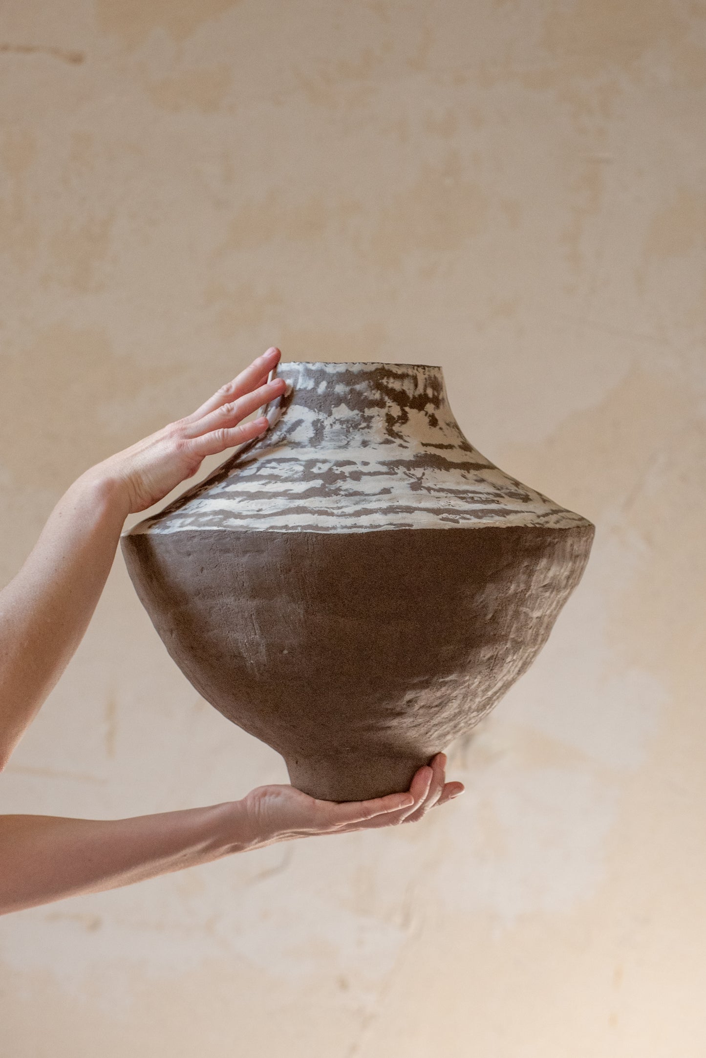 Big VASE in minimal style, textured, designed in warm colors for all interiors, hand-built ceramics, stoneware, waterproof, art collection