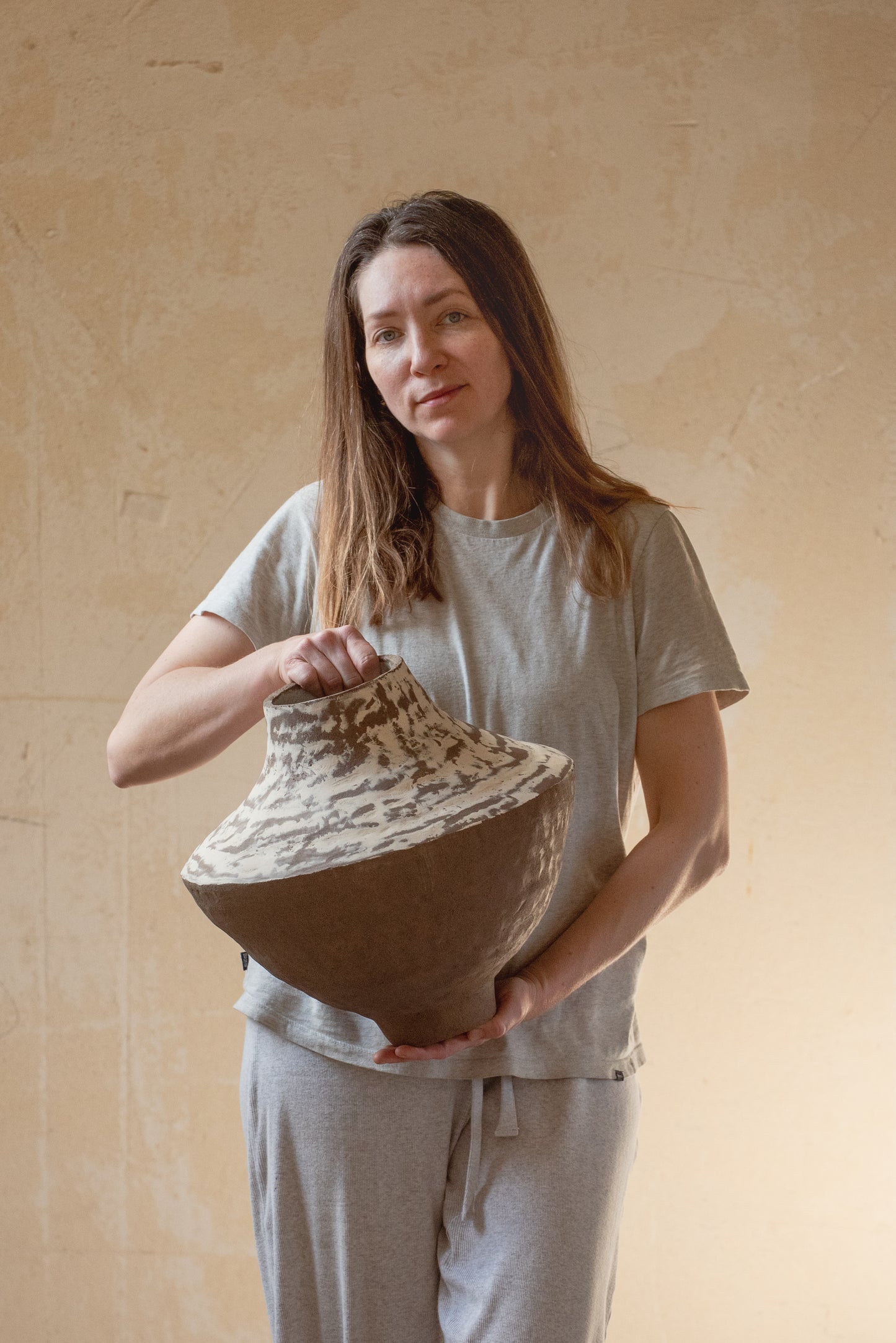 Big VASE in minimal style, textured, designed in warm colors for all interiors, hand-built ceramics, stoneware, waterproof, art collection