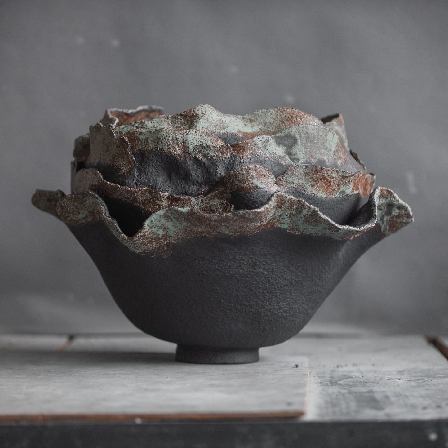 Big VASE in wabi-sabi style, textured, designed in dark colors for all interiors, hand-built ceramics, stoneware, waterproof, art collection