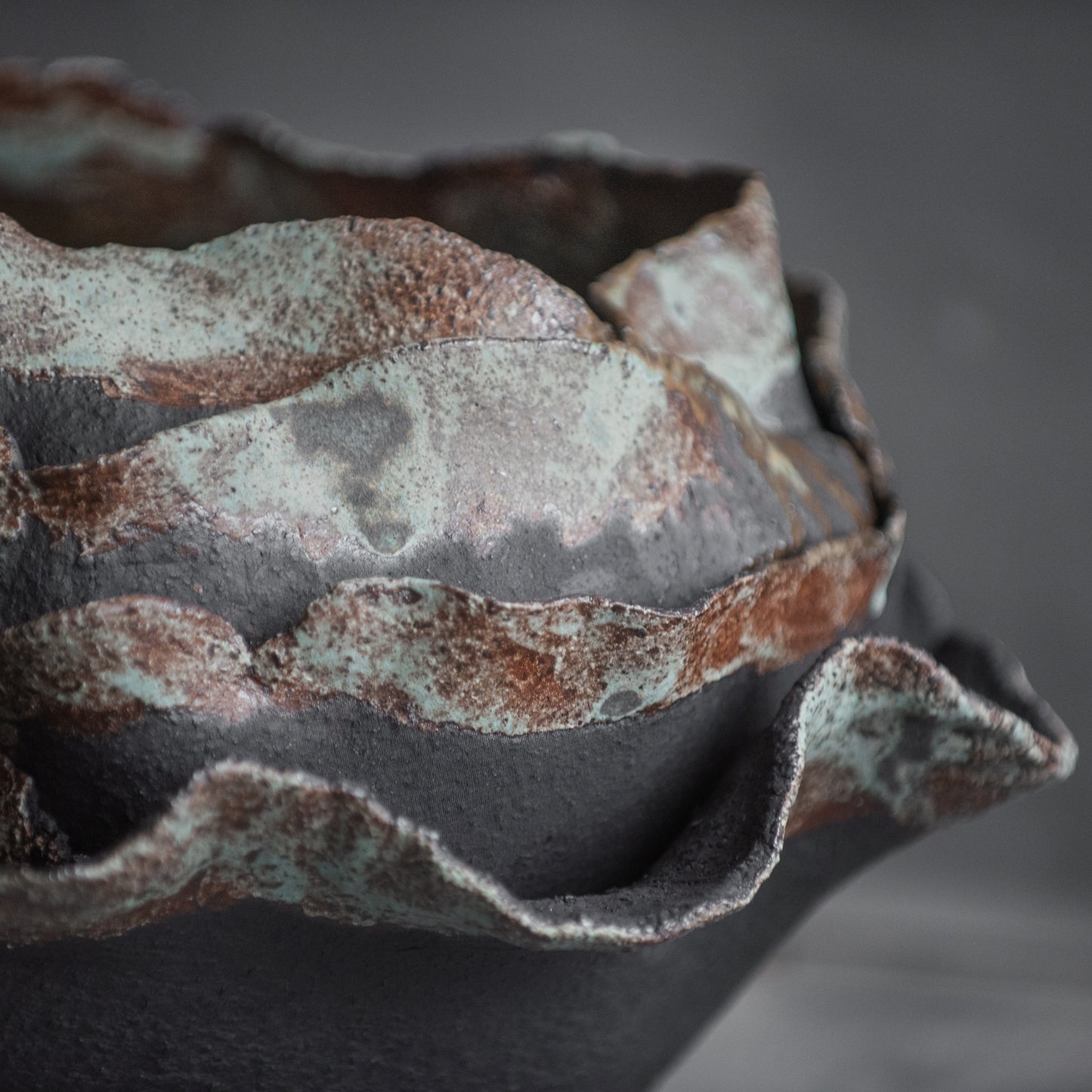 Big VASE in wabi-sabi style, textured, designed in dark colors for all interiors, hand-built ceramics, stoneware, waterproof, art collection