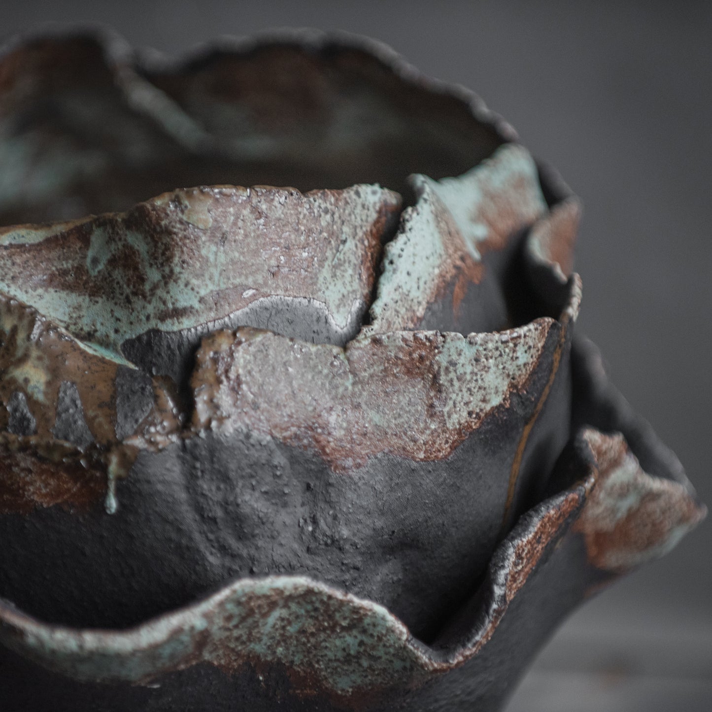 Big VASE in wabi-sabi style, textured, designed in dark colors for all interiors, hand-built ceramics, stoneware, waterproof, art collection