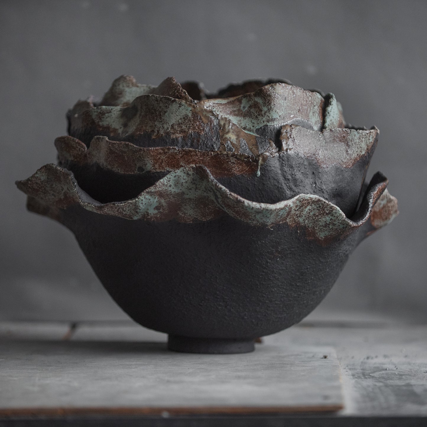 Big VASE in wabi-sabi style, textured, designed in dark colors for all interiors, hand-built ceramics, stoneware, waterproof, art collection