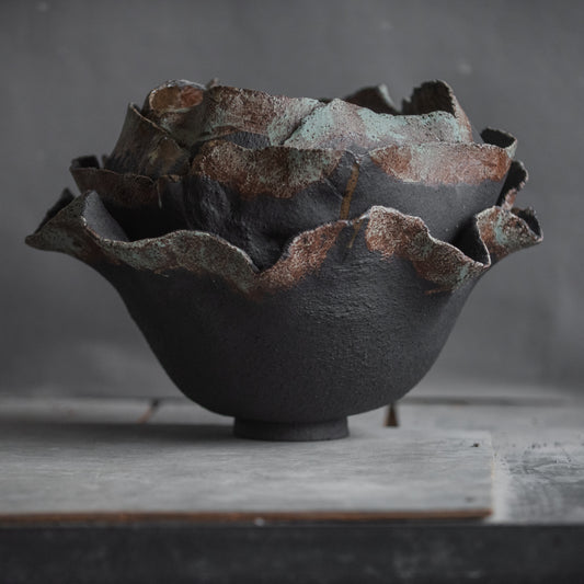 Big VASE in wabi-sabi style, textured, designed in dark colors for all interiors, hand-built ceramics, stoneware, waterproof, art collection