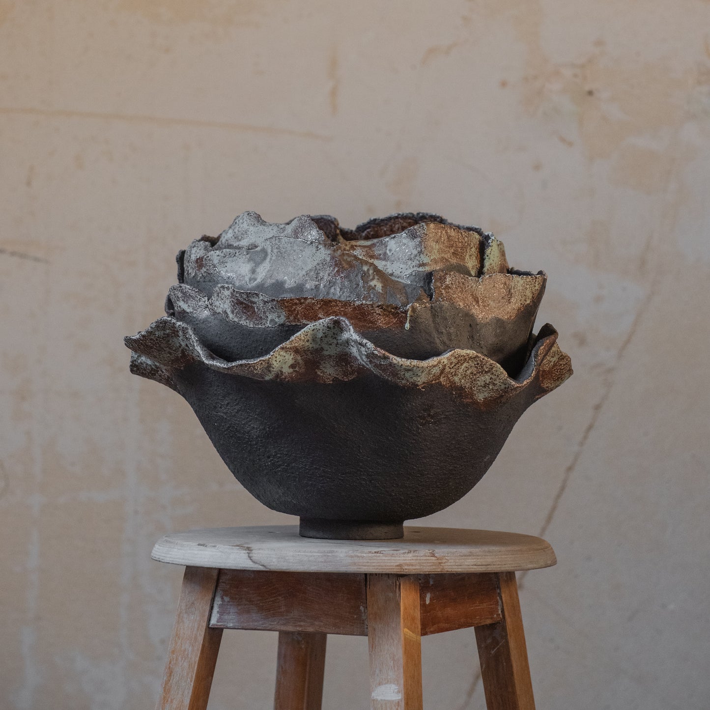 Big VASE in wabi-sabi style, textured, designed in dark colors for all interiors, hand-built ceramics, stoneware, waterproof, art collection