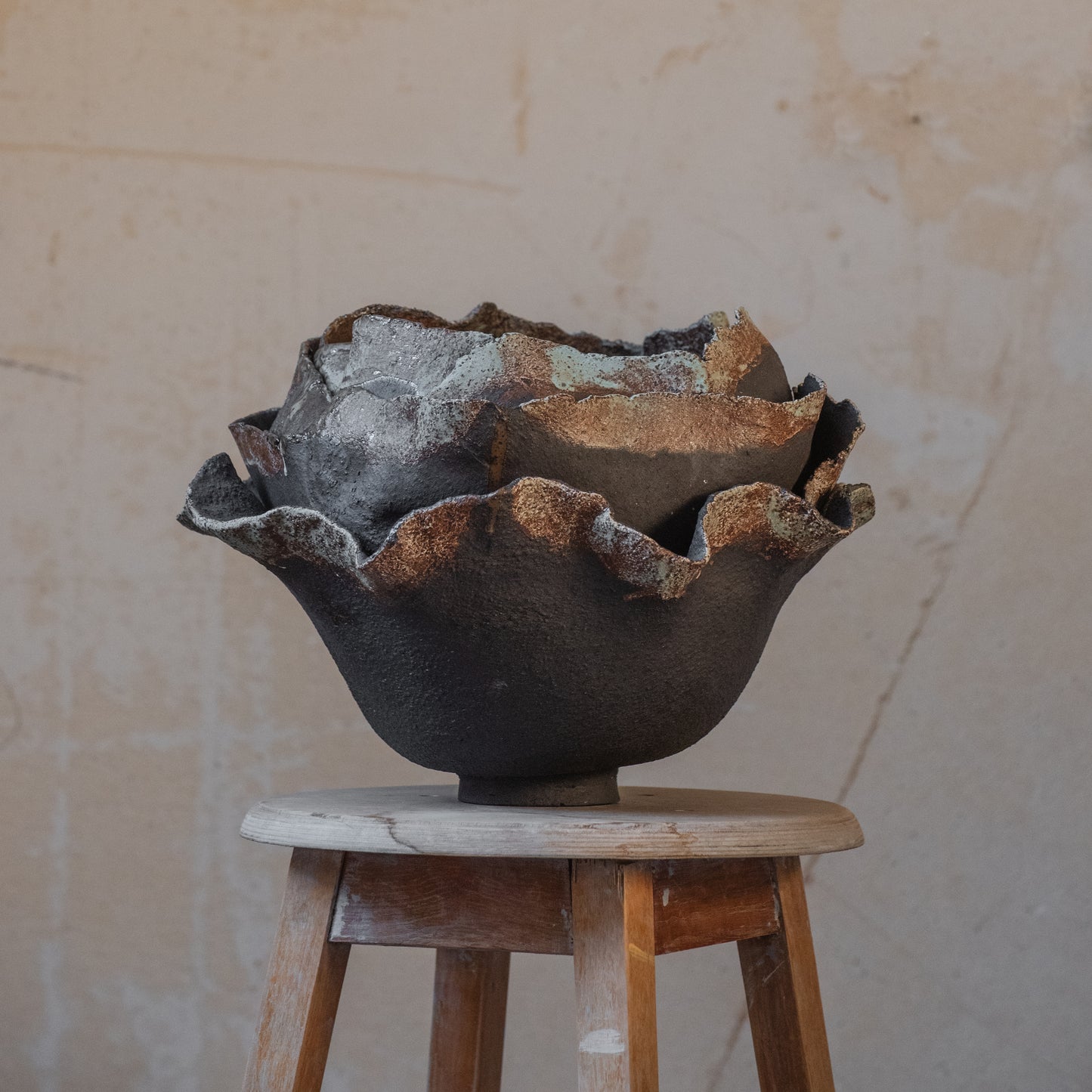 Big VASE in wabi-sabi style, textured, designed in dark colors for all interiors, hand-built ceramics, stoneware, waterproof, art collection