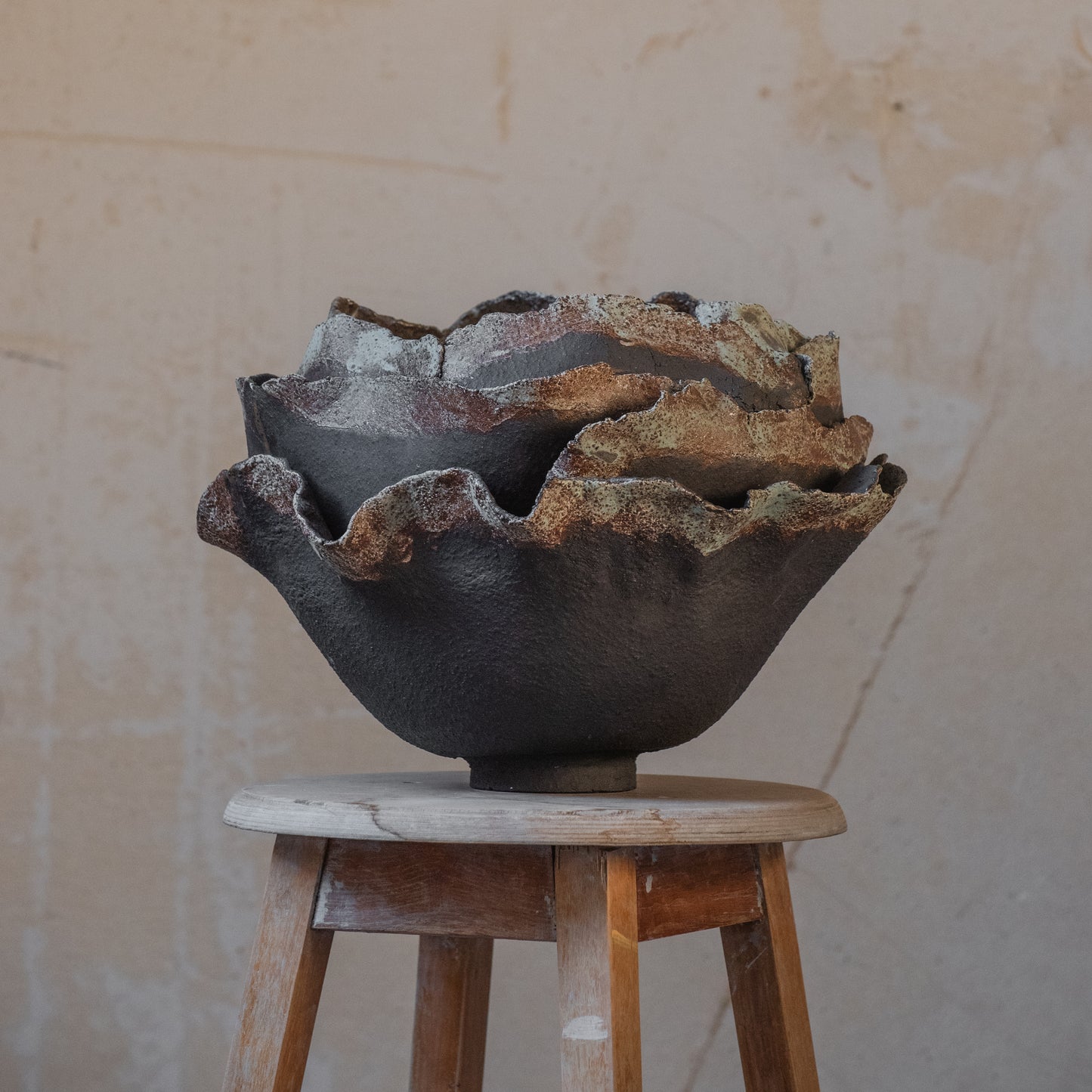 Big VASE in wabi-sabi style, textured, designed in dark colors for all interiors, hand-built ceramics, stoneware, waterproof, art collection