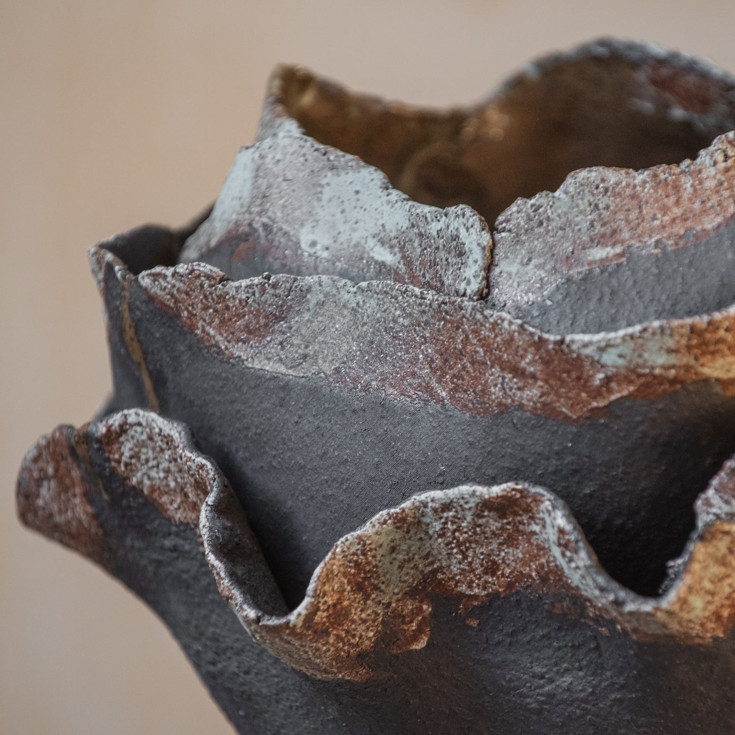 Big VASE in wabi-sabi style, textured, designed in dark colors for all interiors, hand-built ceramics, stoneware, waterproof, art collection