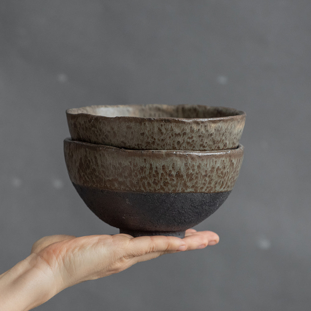 SET of TWO or THREE cereal, granola, or soup BOWLS in warm beige, dark greenish, or white in wabi sabi style in minimal design, stoneware, handmade ceramic