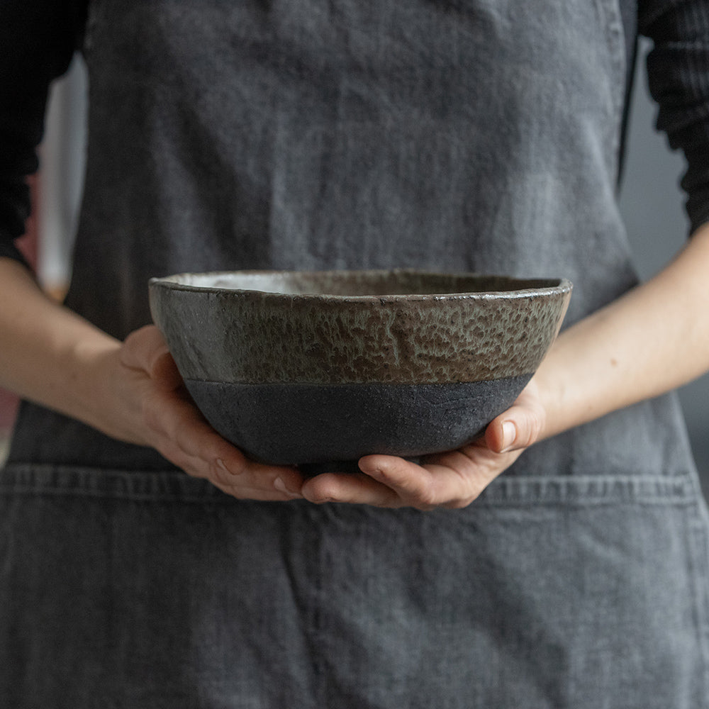 Salad, ramen, or mixing BOWL in warm beige, dark greenish, or white in wabi sabi style in minimal design, stoneware, handmade ceramic