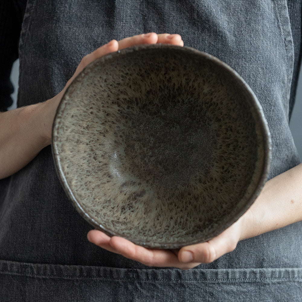 Salad, ramen, or mixing BOWL in warm beige, dark greenish, or white in wabi sabi style in minimal design, stoneware, handmade ceramic