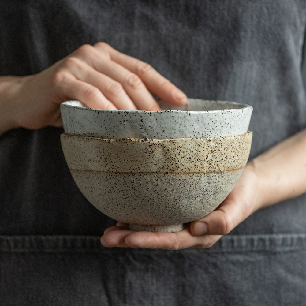 SET of TWO or THREE cereal, granola, or soup BOWLS in warm beige, dark greenish, or white in wabi sabi style in minimal design, stoneware, handmade ceramic