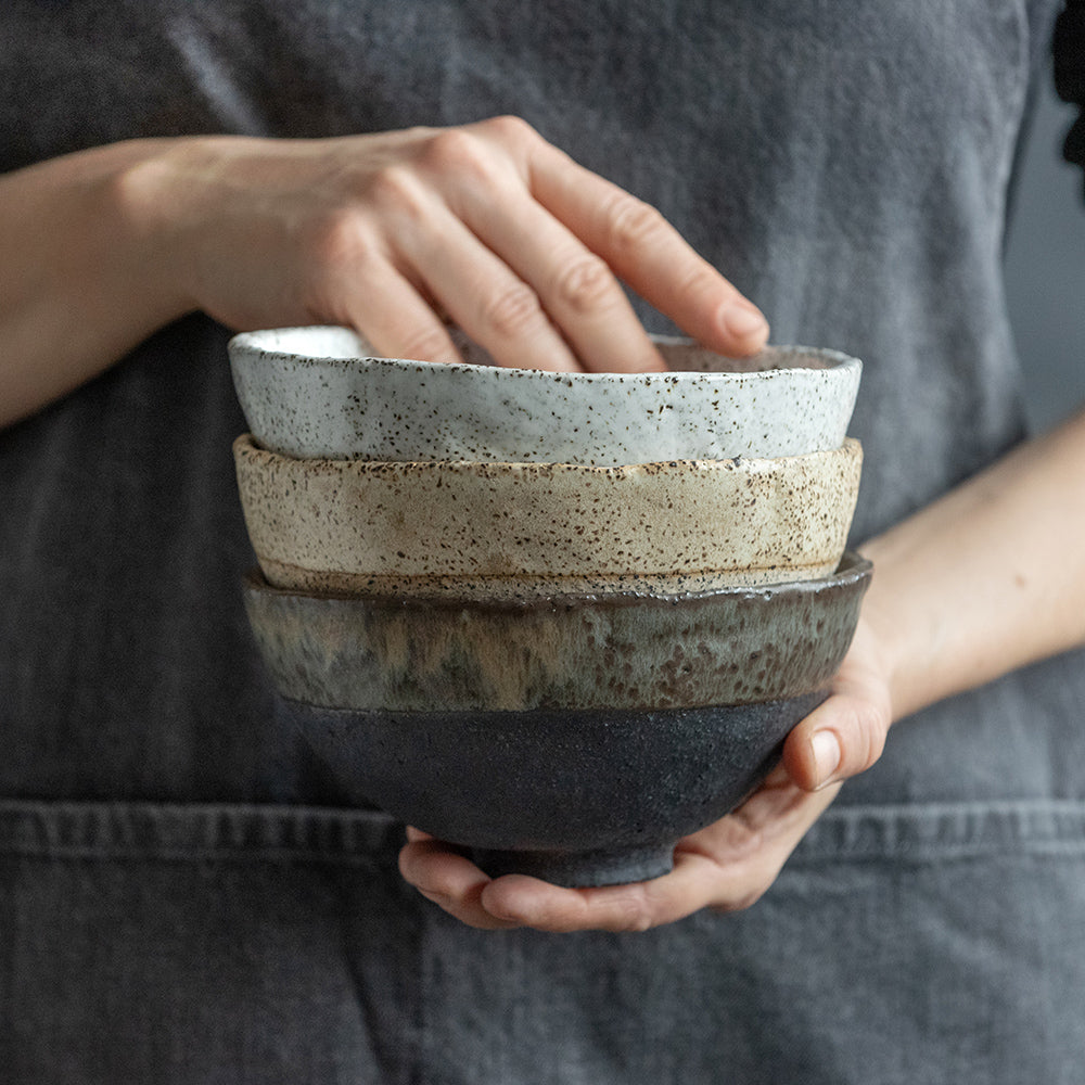 SET of TWO or THREE cereal, granola, or soup BOWLS in warm beige, dark greenish, or white in wabi sabi style in minimal design, stoneware, handmade ceramic