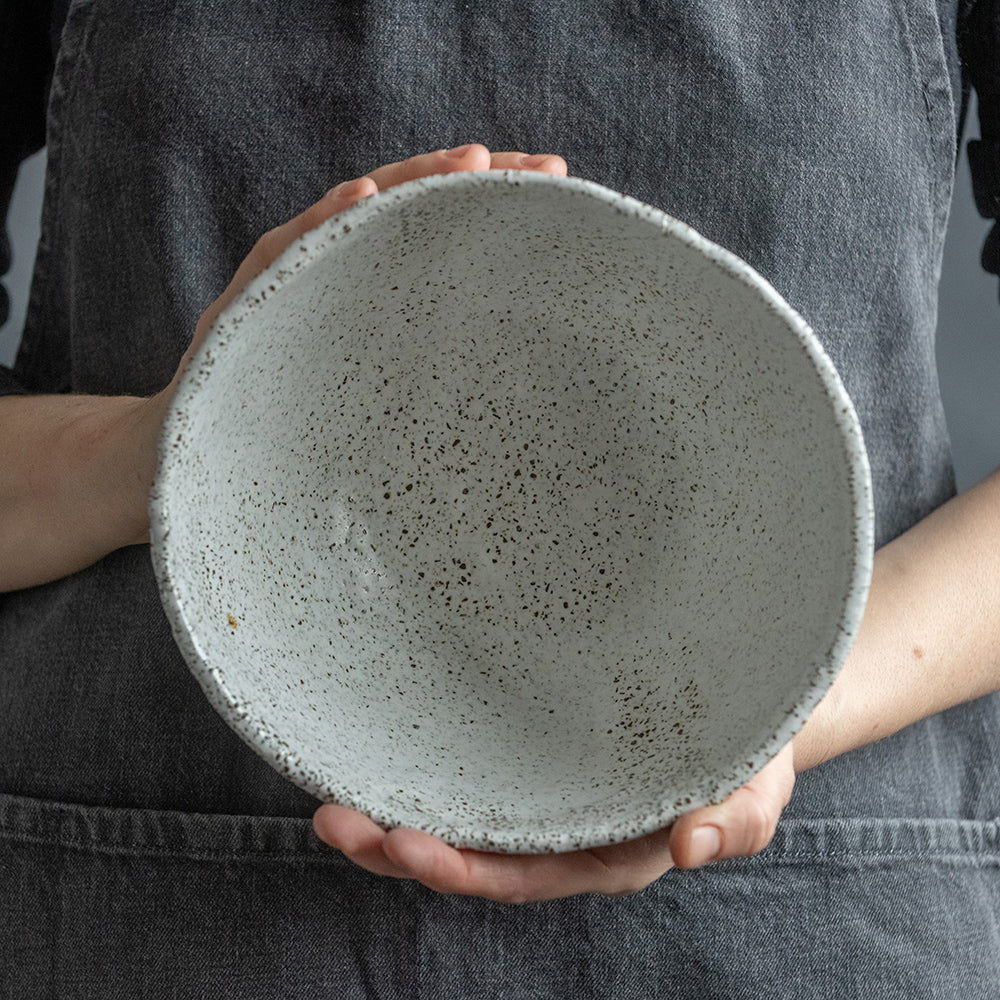 Salad, ramen, or mixing BOWL in warm beige, dark greenish, or white in wabi sabi style in minimal design, stoneware, handmade ceramic