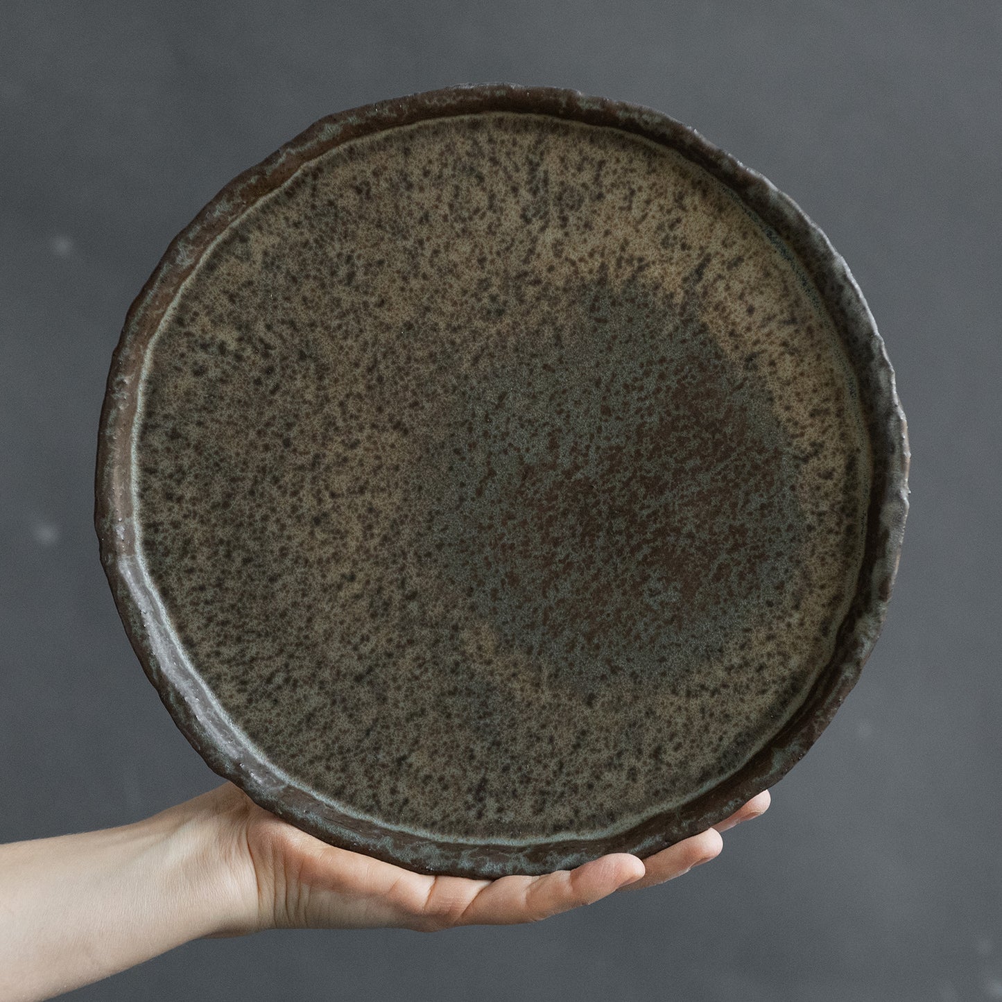 set of 2 flat plates for every day in wabi-sabi design, dark greenish color, handmade ceramic, stoneware