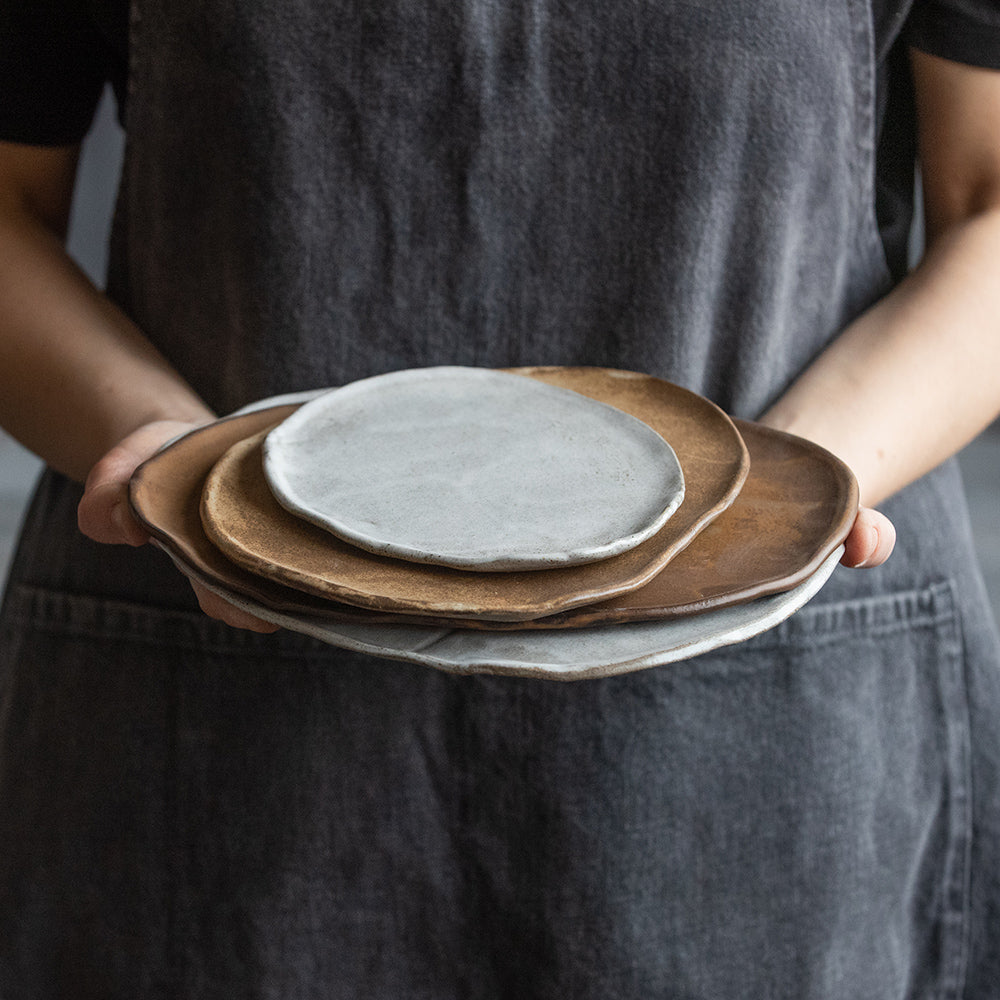 SET of 2 x flat PLATES in natural geometric design, brown, beige, white, green, black color, handmade ceramic, stoneware, smooth lines