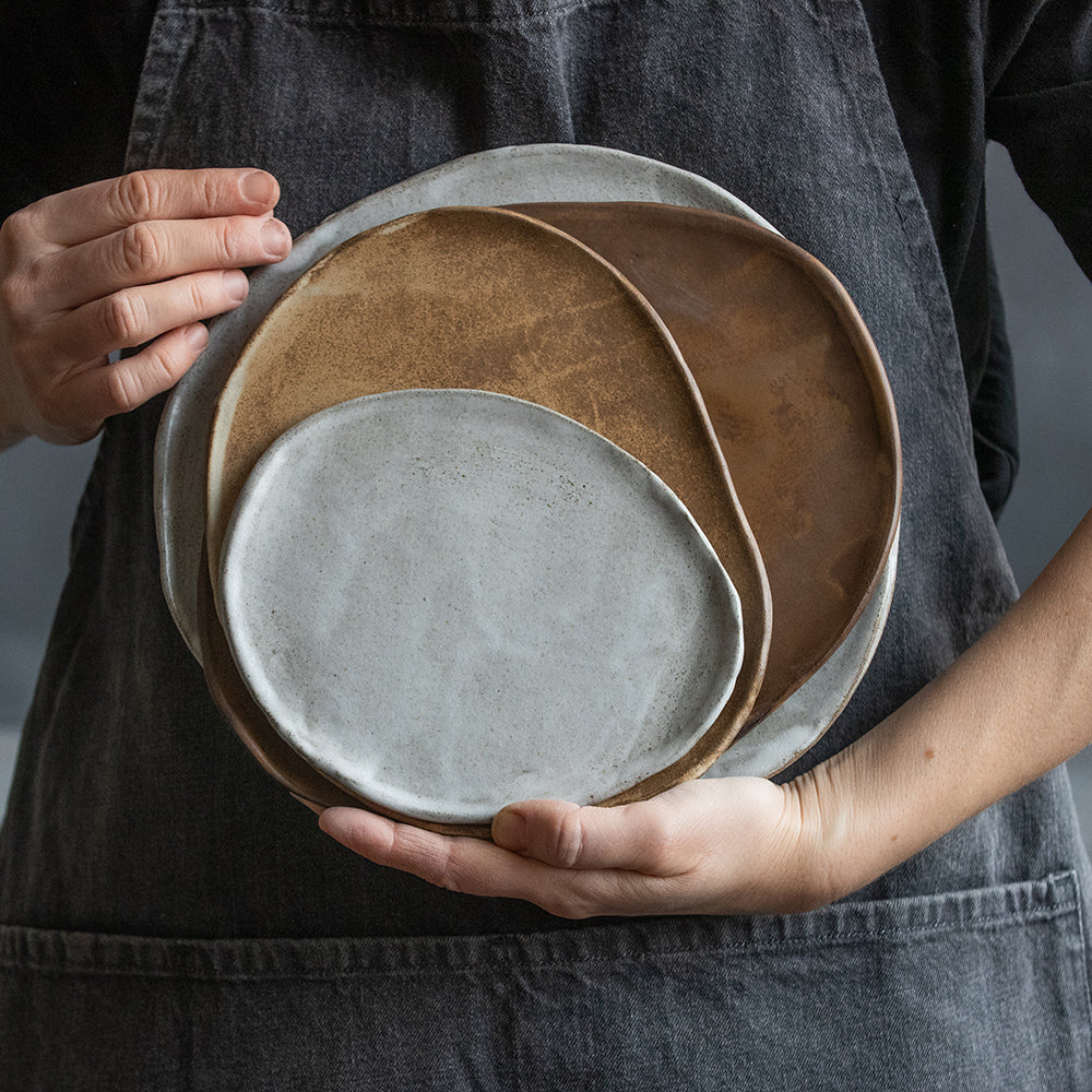 SET of 2 x flat PLATES in natural geometric design, brown, beige, white, green, black color, handmade ceramic, stoneware, smooth lines