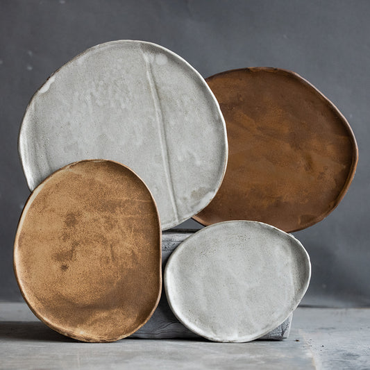 IN STOCK SET of 4 x flat PLATES in natural geometric design, brown, beige, white color, handmade ceramic, stoneware, smooth lines