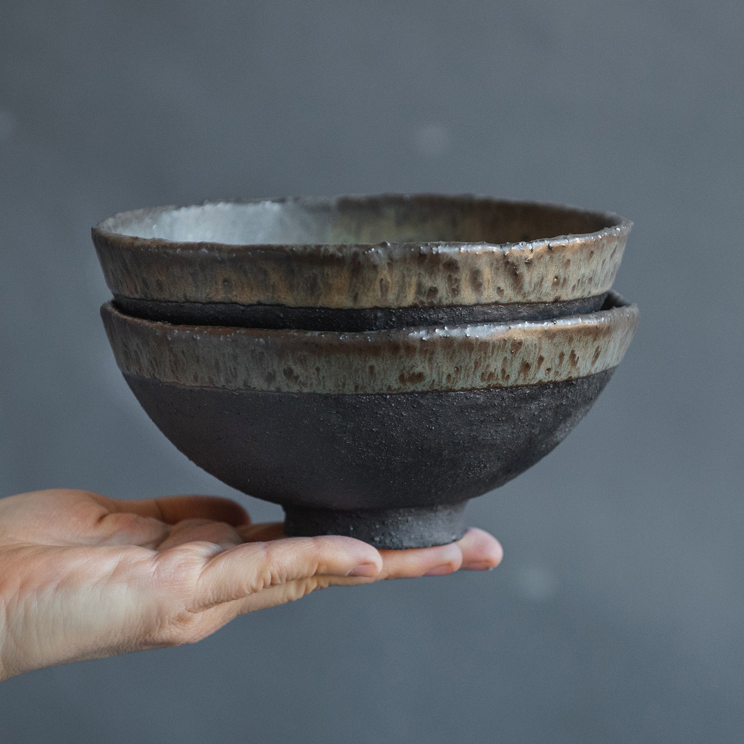 middle-sized RAMEN BOWL, noodle, cereal, soup, or pasta bowl in dark greenish in wabi-sabi style for everyday in minimal design, stoneware, handmade ceramic