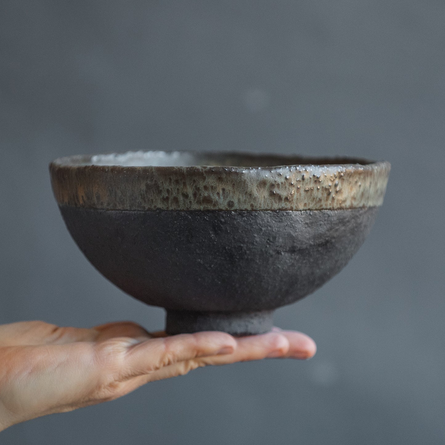 middle-sized RAMEN BOWL, noodle, cereal, soup, or pasta bowl in dark greenish in wabi-sabi style for everyday in minimal design, stoneware, handmade ceramic