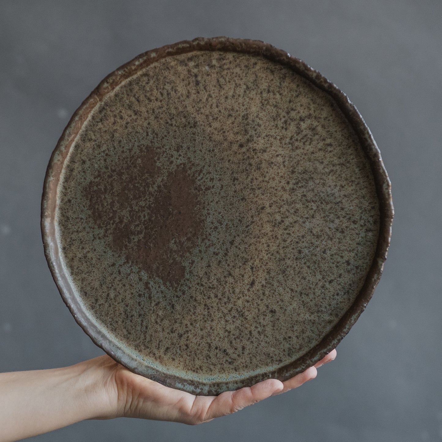 set of 2 flat plates for every day in wabi-sabi design, dark greenish color, handmade ceramic, stoneware