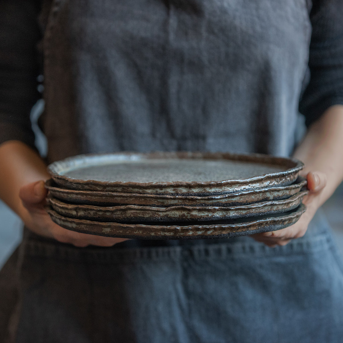 to ORDER a DINNERWARE SET for 1, 2, 4, 6, 8, 10, or 12 people ceramic bowls, flat plates with rim in dark greenish black in minimal design, stoneware