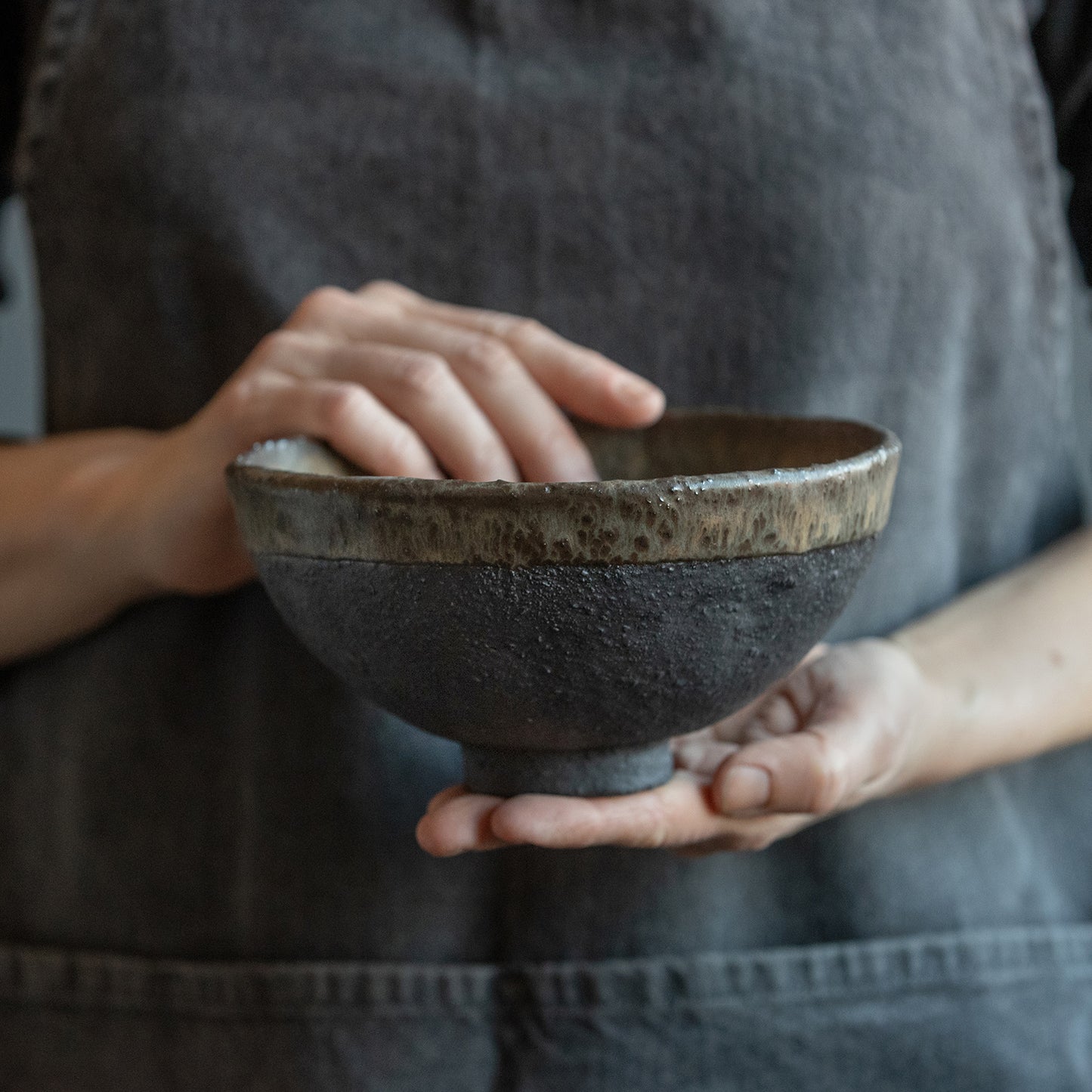 middle-sized RAMEN BOWL, noodle, cereal, soup, or pasta bowl in dark greenish in wabi-sabi style for everyday in minimal design, stoneware, handmade ceramic