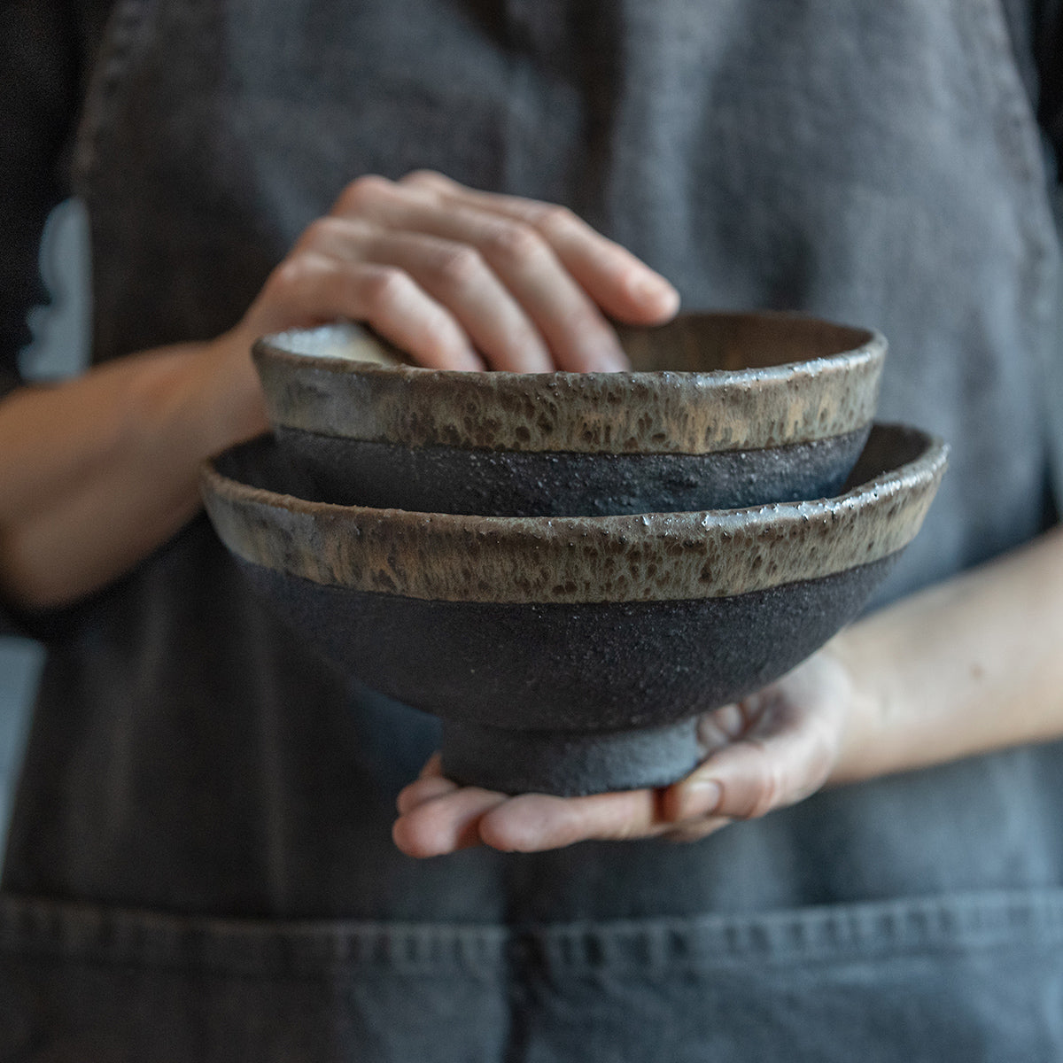 to ORDER a DINNERWARE SET for 1, 2, 4, 6, 8, 10, or 12 people ceramic bowls, flat plates in dark greenish black in minimal design, stoneware