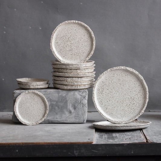 Set of 2 flat white plates for every day in wabi-sabi design, handmade ceramic, stoneware