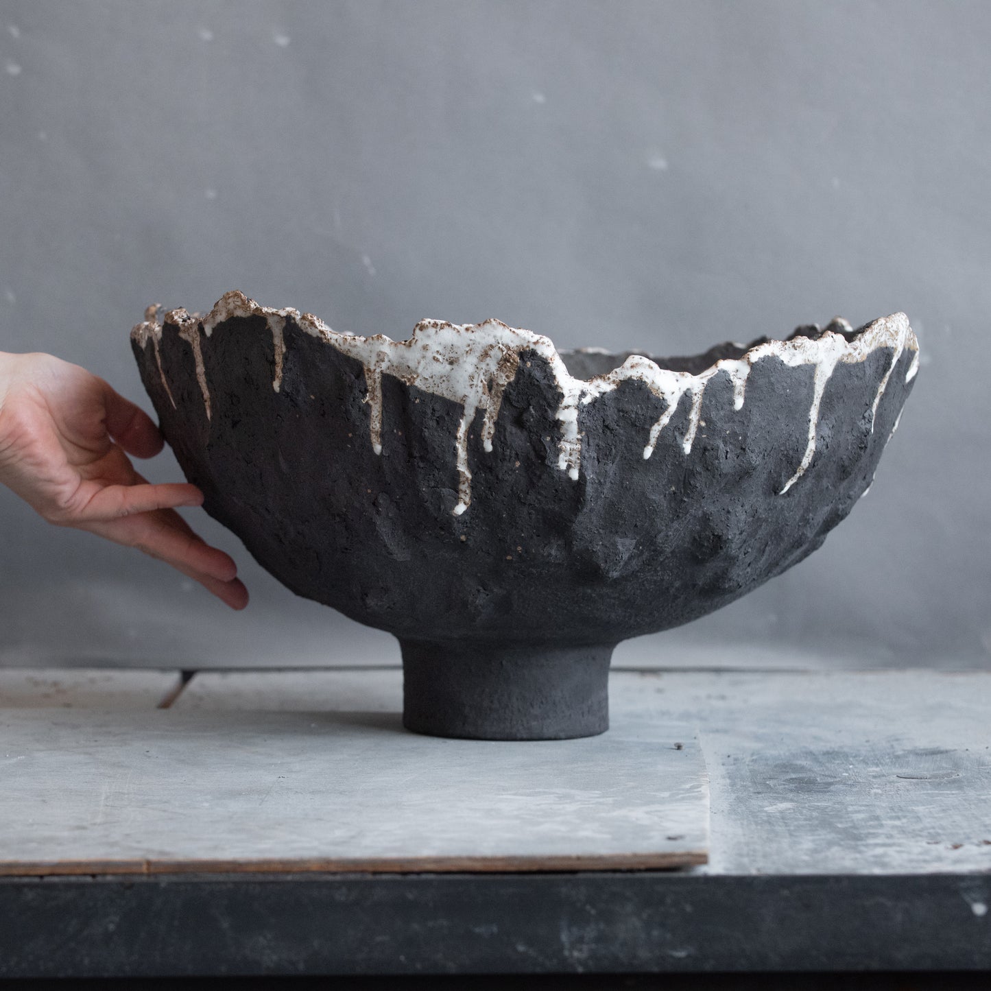 BIG huge ceramic FRUIT BOWL vase in black and white, wabi sabi style, pedestal bowl, interior bowl, minimal design bowl, handmade stoneware