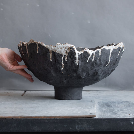 BIG huge ceramic FRUIT BOWL vase in black and white, wabi sabi style, pedestal bowl, interior bowl, minimal design bowl, handmade stoneware