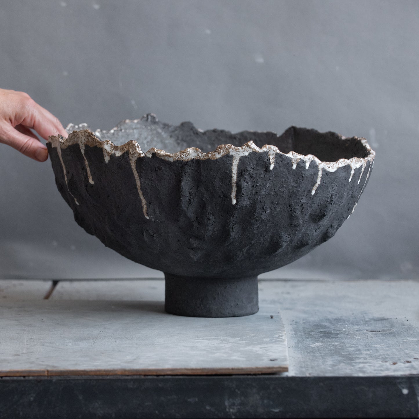 BIG huge ceramic FRUIT BOWL vase in black and white, wabi sabi style, pedestal bowl, interior bowl, minimal design bowl, handmade stoneware