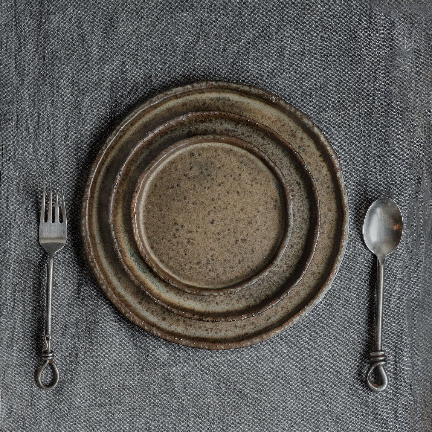 set of 2 flat plates for every day in wabi-sabi design, dark greenish color, handmade ceramic, stoneware