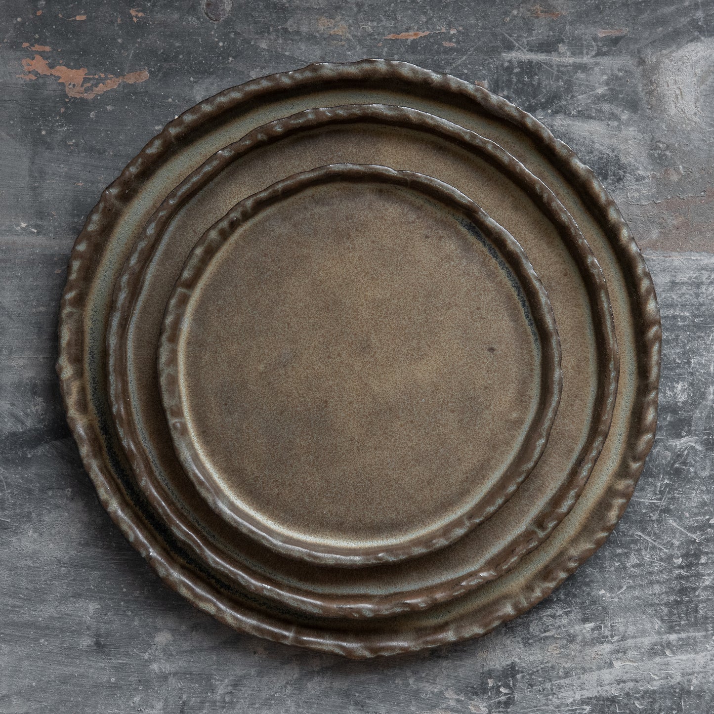 set of 2 flat plates for every day in wabi-sabi design, dark greenish color, handmade ceramic, stoneware