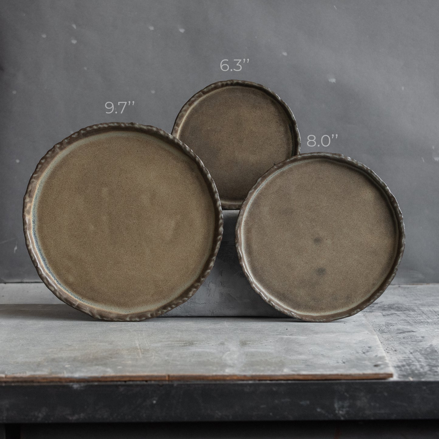 set of 2 flat plates for every day in wabi-sabi design, dark greenish color, handmade ceramic, stoneware