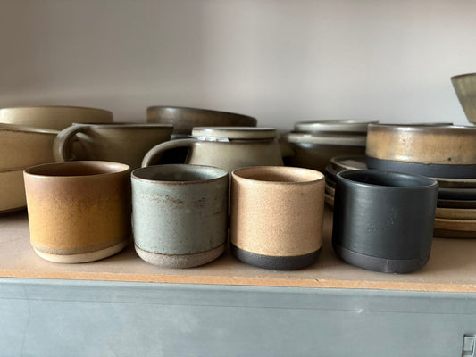 SET of FOUR flat сoffee tumblers in beige, green, blue, Golden Ochre