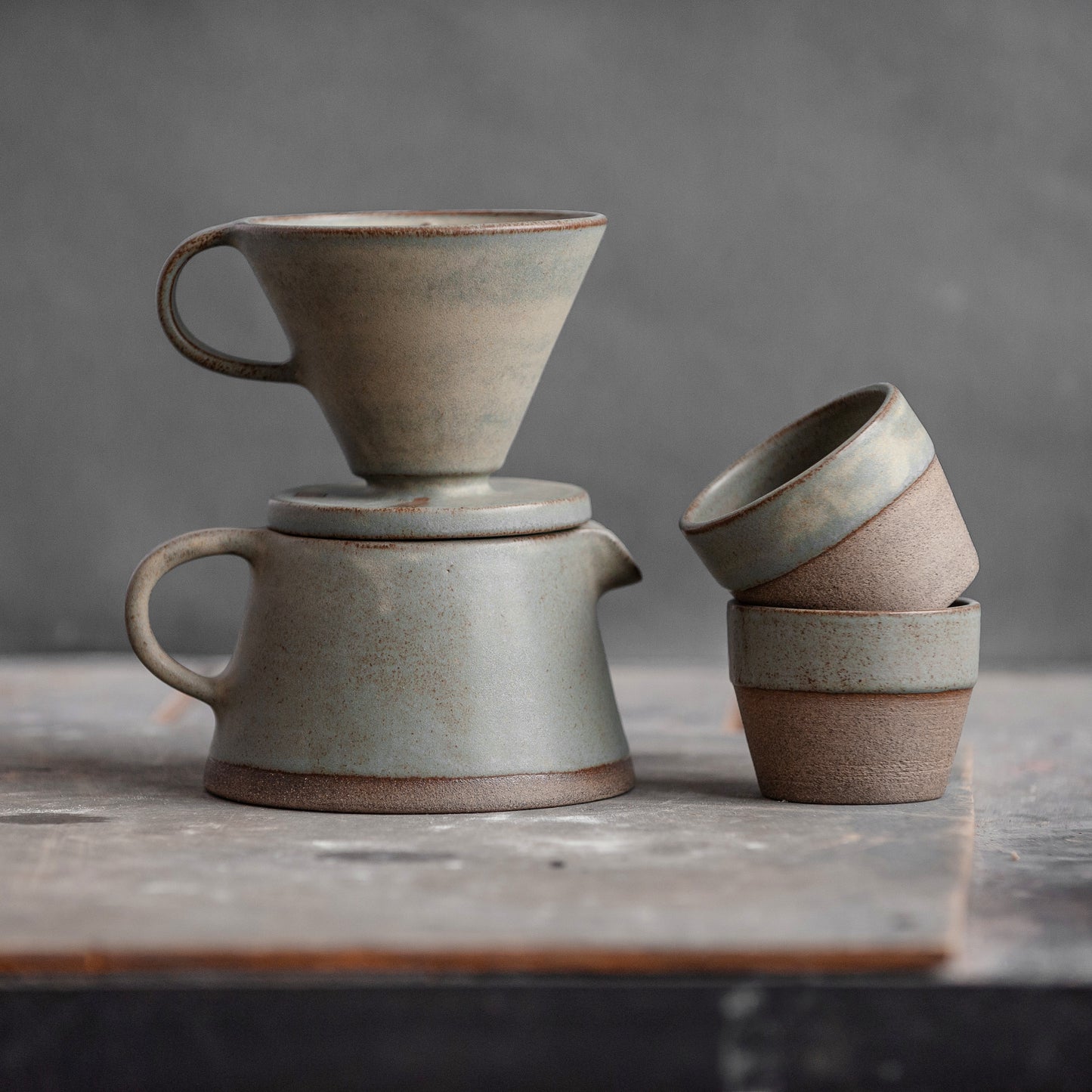 Pour Over Coffee Set in White Glaze, Ceramic Pour Over Pitcher & Tumblers,  Ceramic Driper Coffee Maker Set, White Stoneware Coffee Brewer 